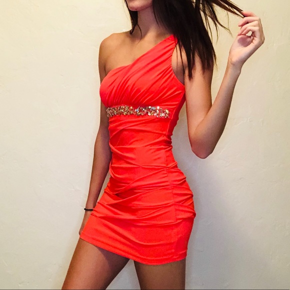 City Triangles Orange One Shoulder Dance Dress - Picture 2 of 8